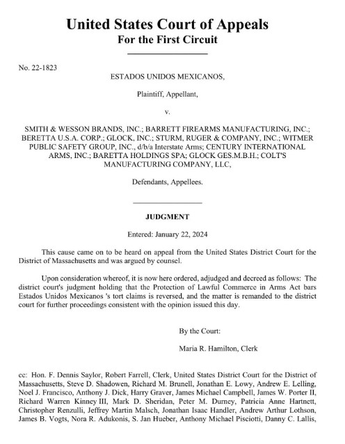 CORTE DE EU DICTÓ SENTENCIA A FAVOR DE MÉXICO EN DEMANDA CONTRA FABRICANTES DE ARMAS