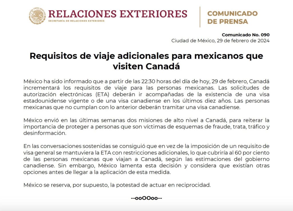 DE NUEVO CANADÁ EXIGE VISA A MEXICANOS, CONFIRMA SRE