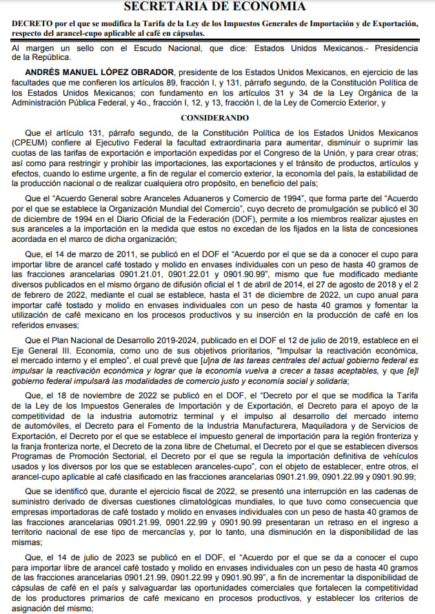 ESTABLECE GOBIERNO DE MÉXICO ARANCELES AL CAFÉ EN CÁPSULA PARA IMPULSAR INDUSTRIA NACIONAL