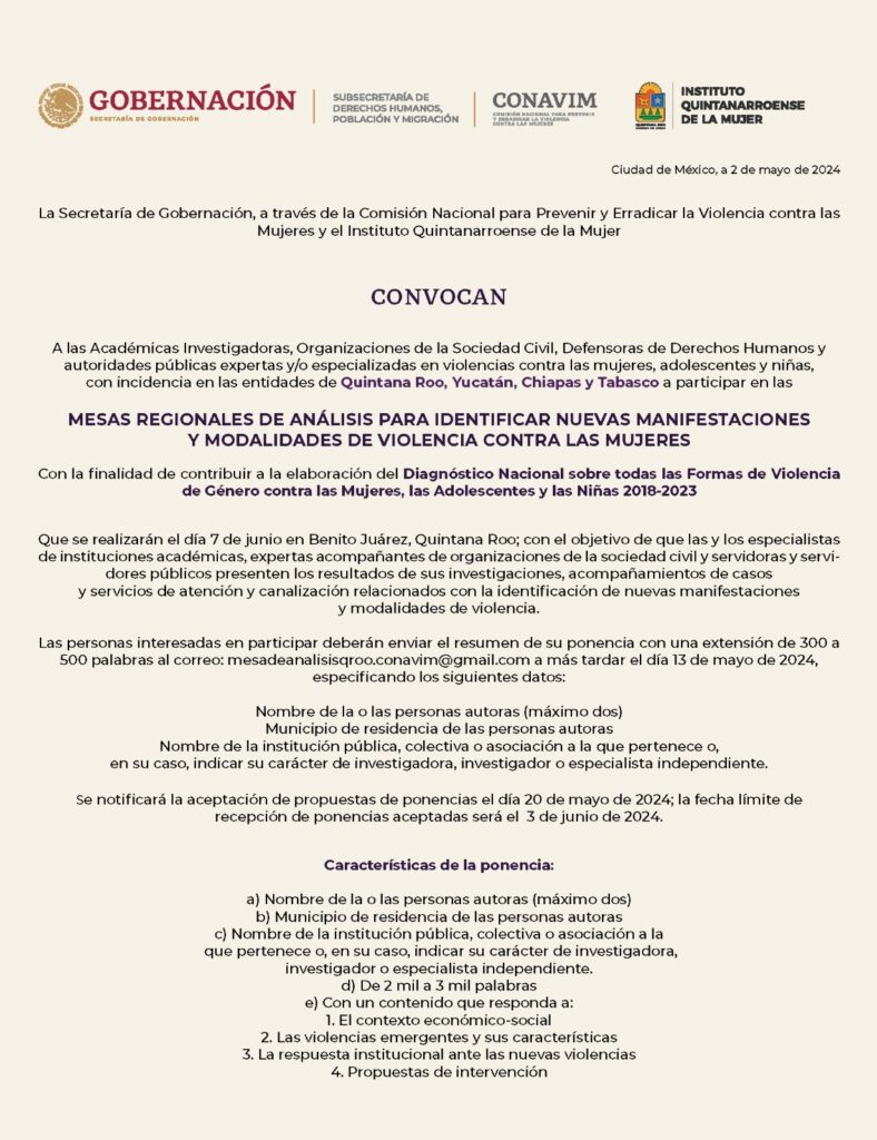 Convocan a participar en las Mesas Regionales de Análisis para Identificar Nuevas Manifestaciones y Modalidades de Violencia Contra las Mujeres.