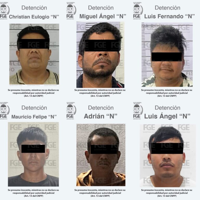 • La Fiscalía General del Estado informa que los detenidos son Luis Fernando “N”, alias “Choco”; Miguel Ángel “N”, alias “Pluma Ligera”; Luis Ángel “N”; Adrián “N”; Mauricio Felipe “N” y Christian Eulogio “N”