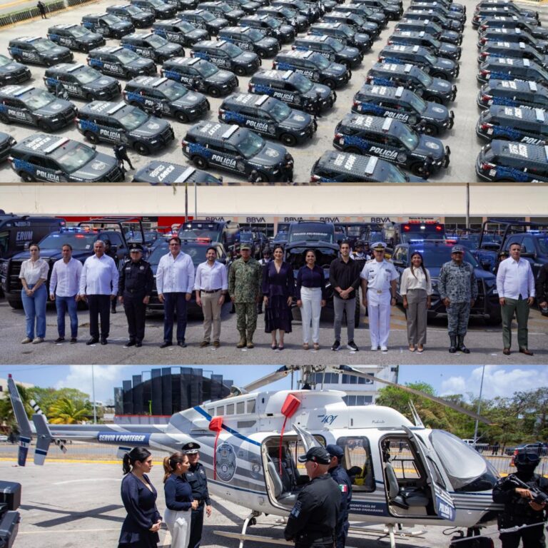 • La gobernadora Mara Lezama y la Presidenta Municipal entregan 335 unidades a la Secretaría de Seguridad Ciudadana, entre ellas un helicóptero, para la construcción de paz en el municipio