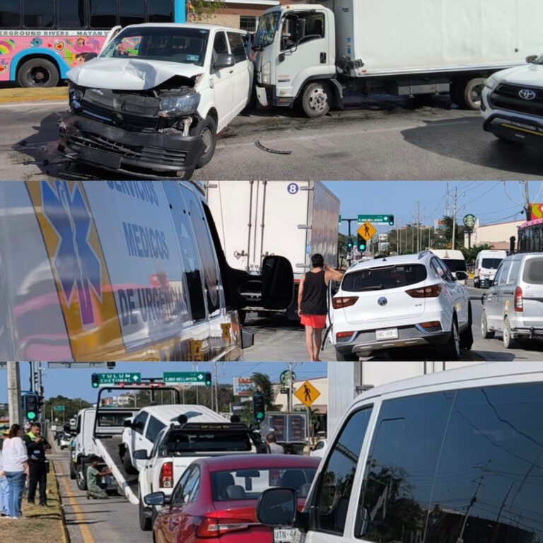 Dos personas resultaron heridas tras un accidente múltiple que paralizó la carretera 307 a la altura del Centro Maya; autoridades exhortan a conducir con precaución.
