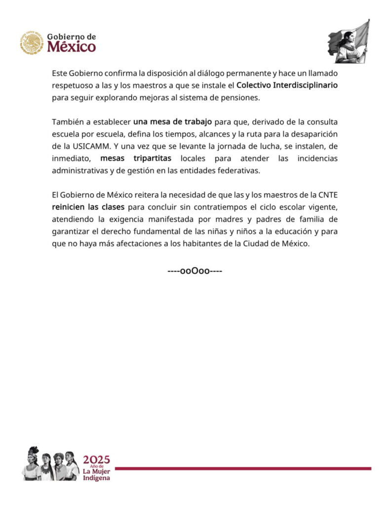 Refrenda gobierno de México compromiso con el diálogo y presenta respuestas definitivas a demandas de la CNTE