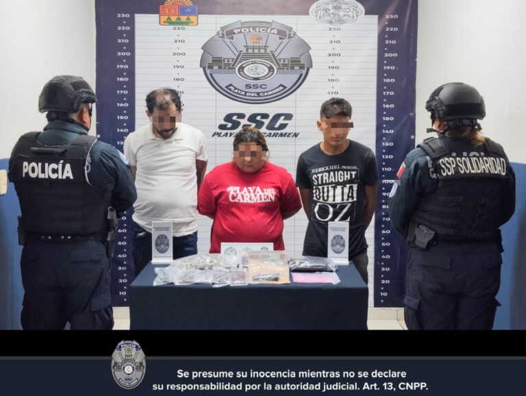 Dos hombres y una mujer detenidos con drogas y arma en Playa del Carmen