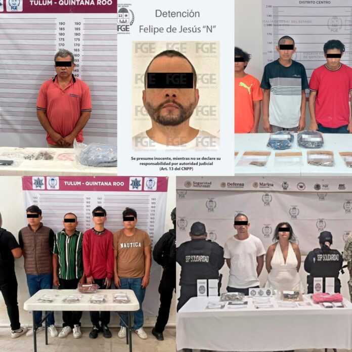• La Fiscalía General del Estado informa que los detenidos son José Eduardo “N”, Marco Antonio “N”, Emanuel “N”, Jhosef Farid “N”, Luis Armando “N”, Daniel Alberto “N”, Alexalim “N”, Felipe de Jesús “N”, Juan Carlos “N”, Brayan Esteban “N” y Weslyn Alexander “N”