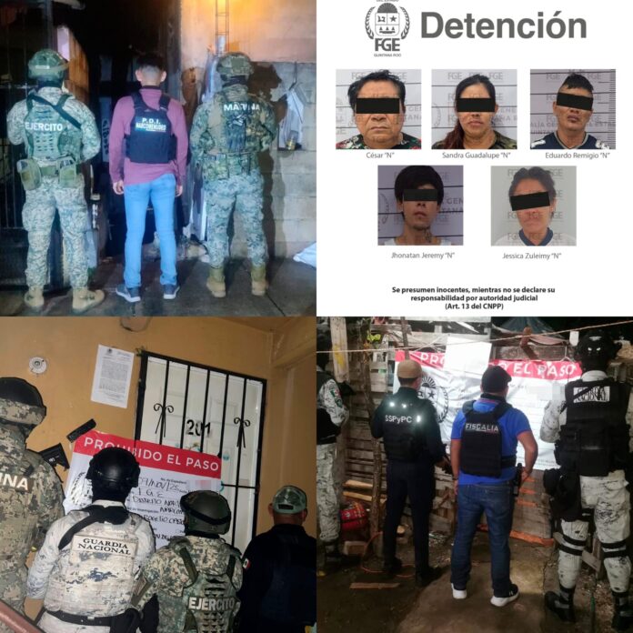 • La Fiscalía General del Estado informa que los detenidos, por presuntos delitos contra la salud, son César “N”, Sandra Guadalupe “N”, Eduardo Remigio “N”, Jhonatan Jeremy “N” y Jessica Zuleimy “N”