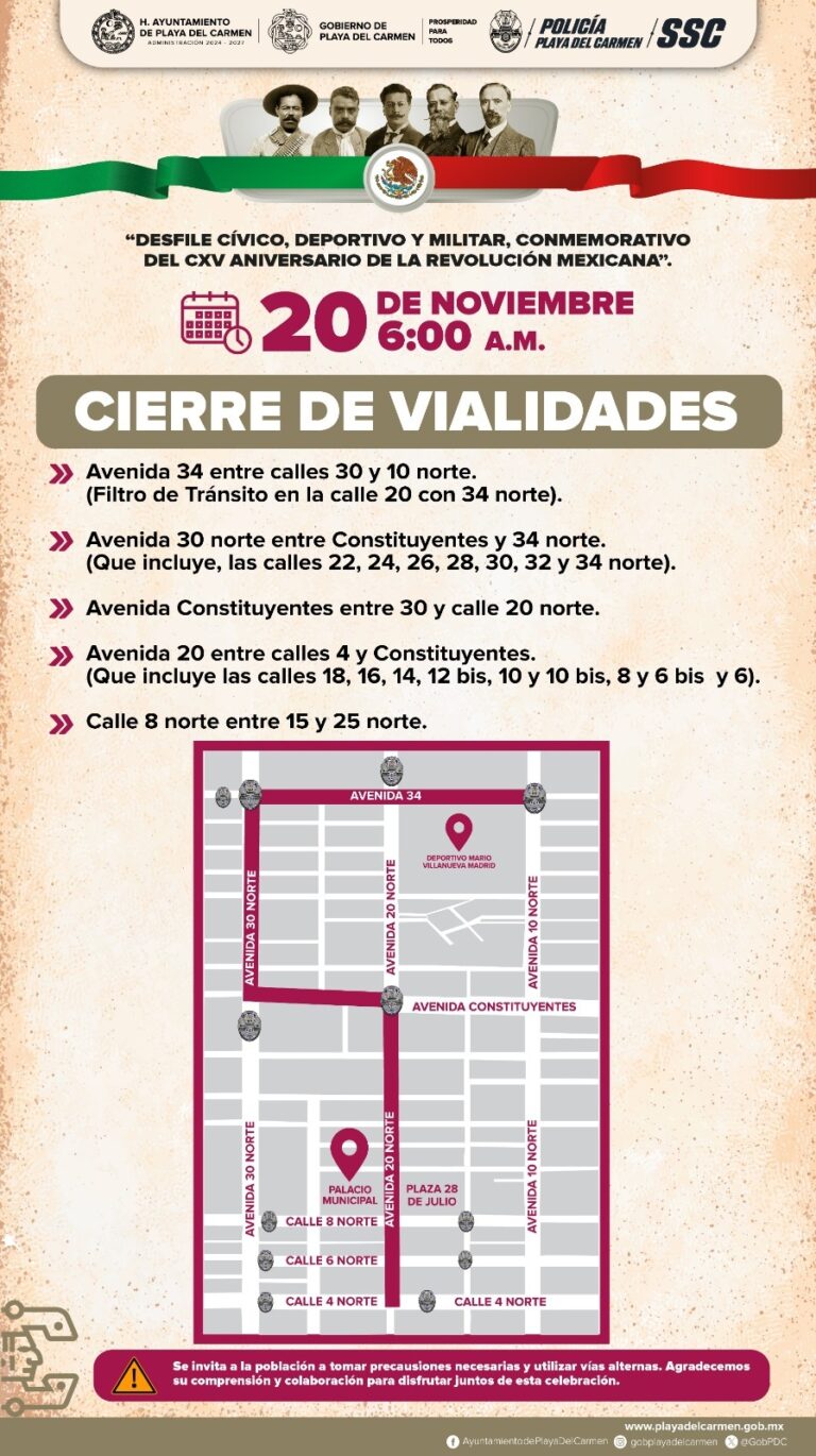 Todo listo en Playa del Carmen para el desfile cívico–deportivo por el 115 aniversario de la Revolución Mexicana